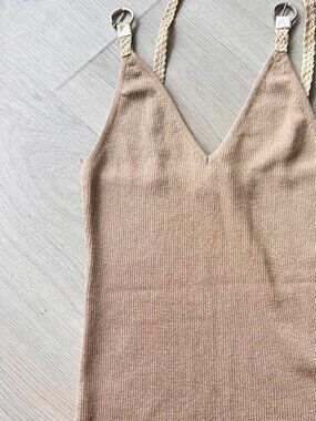 NetWork Gold Shimmer Knit Halter Top | Suede Strap Detail | Size S